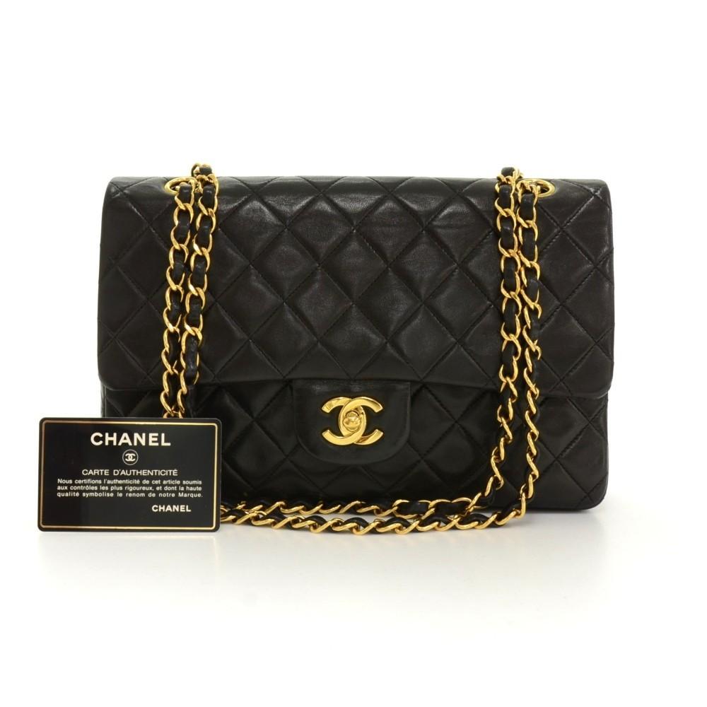 2.55 10" Double Flap Quilted Lambskin Leather Shoulder Bag