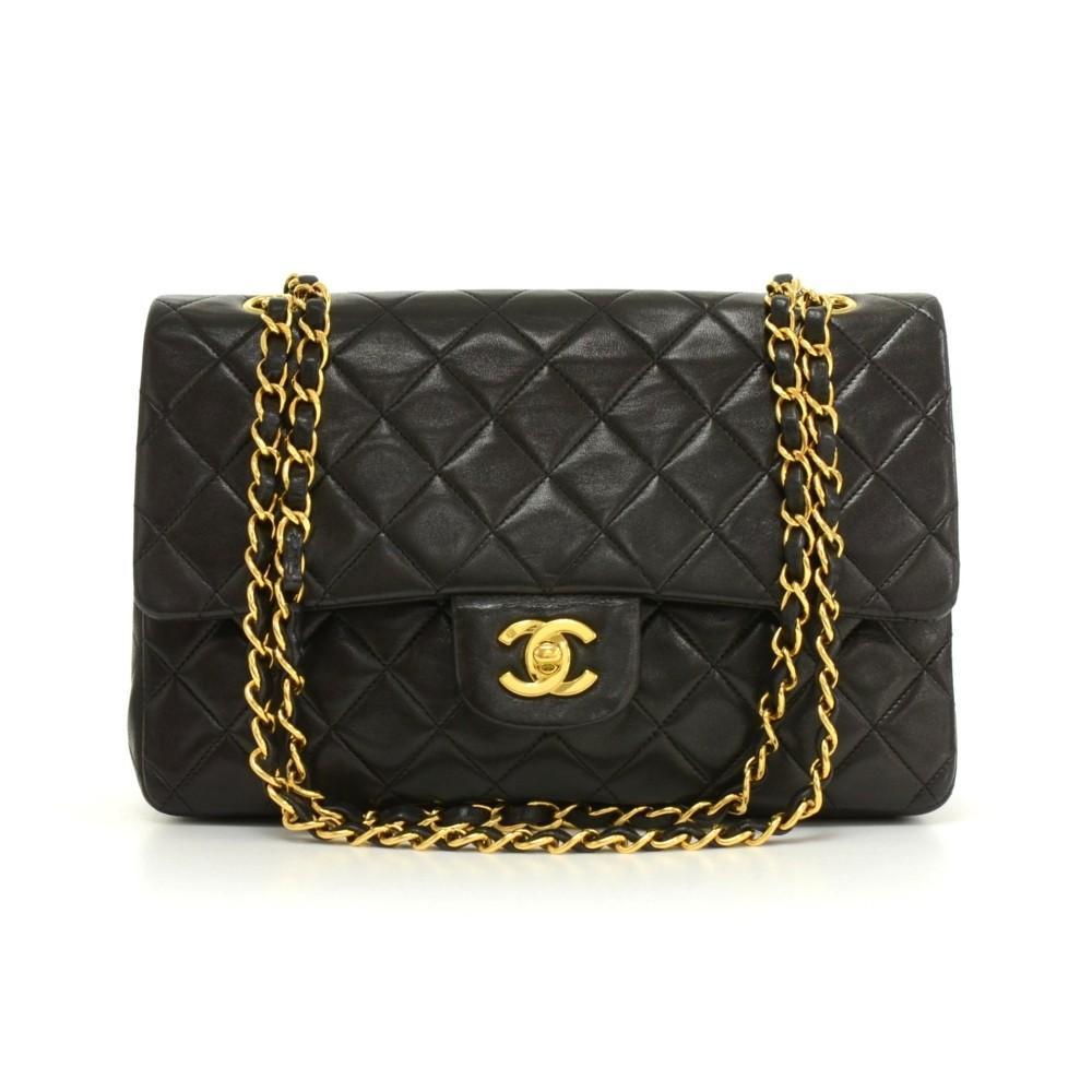 2.55 10" Double Flap Quilted Lambskin Leather Shoulder Bag