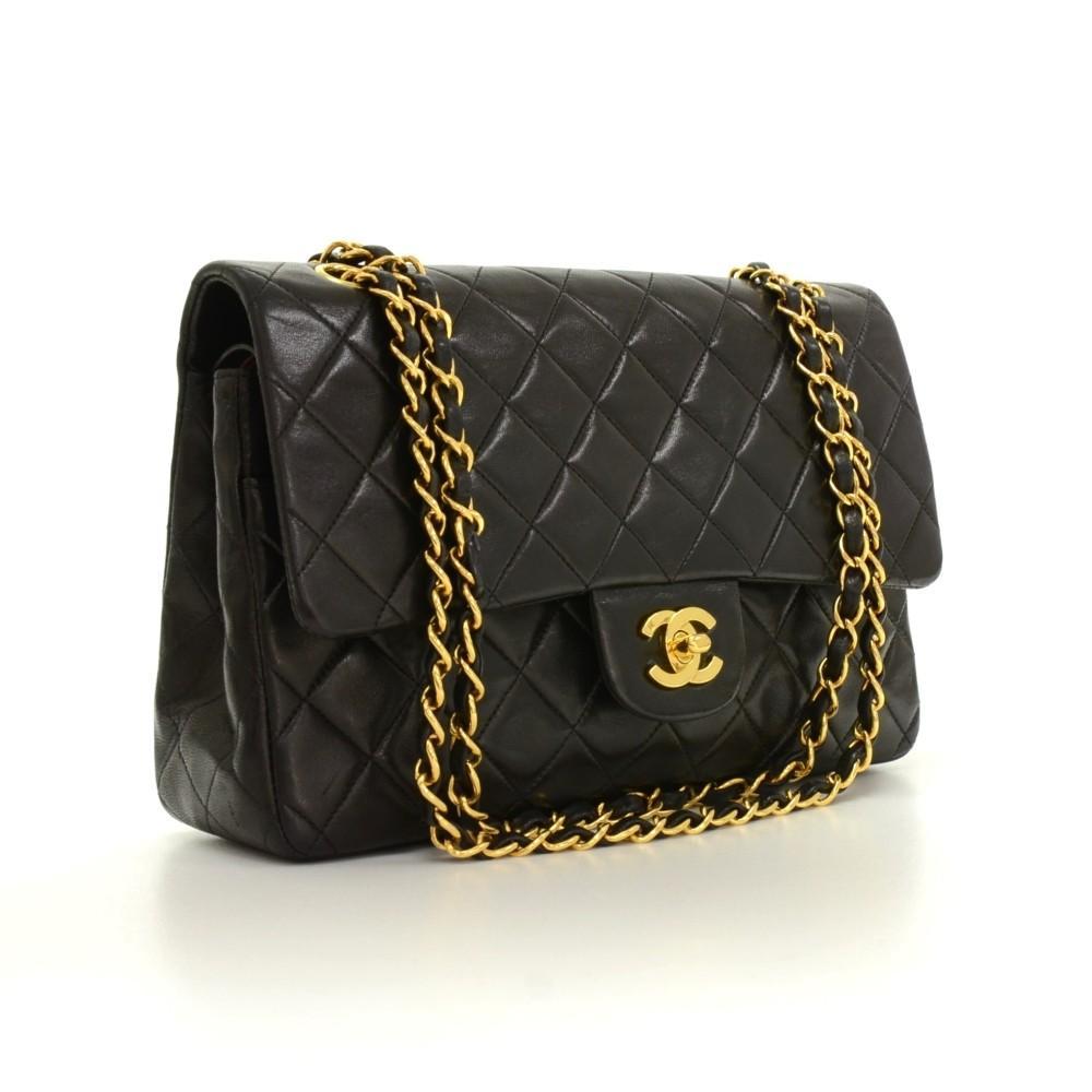 2.55 10" Double Flap Quilted Lambskin Leather Shoulder Bag