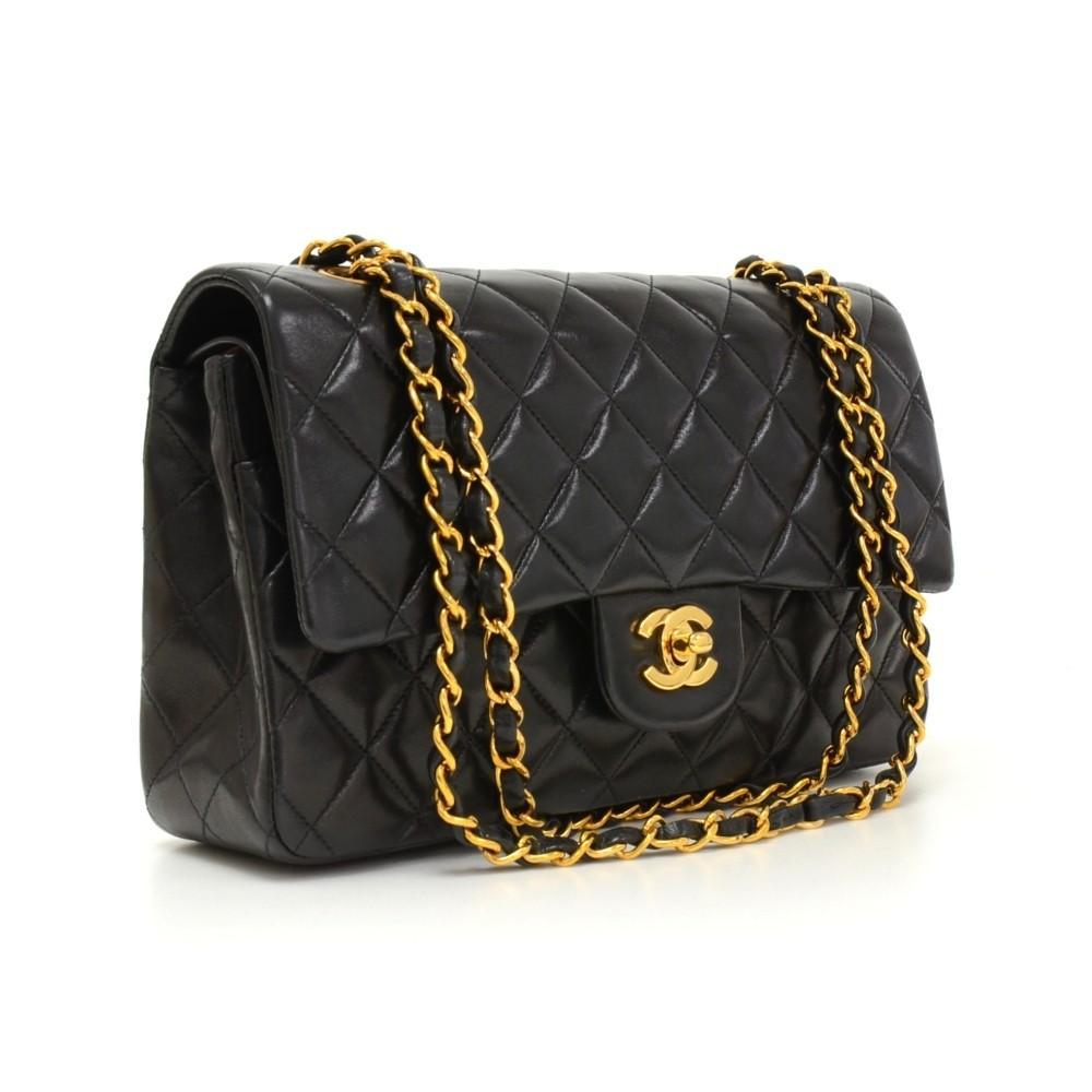 2.55 10" Double Flap Quilted Lambskin Leather Shoulder Bag