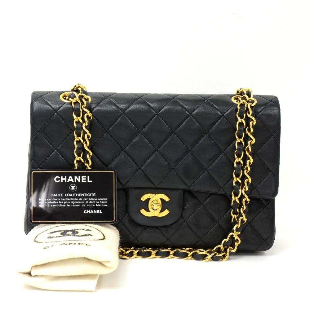 10" Double Flap Quilted Lambskin Leather Shoulder Bag