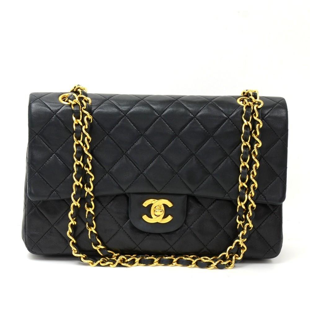 10" Double Flap Quilted Lambskin Leather Shoulder Bag
