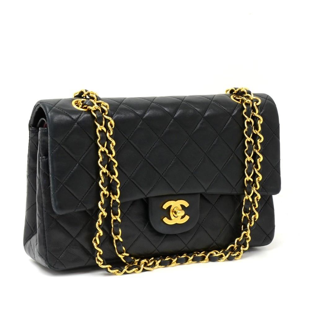 10" Double Flap Quilted Lambskin Leather Shoulder Bag