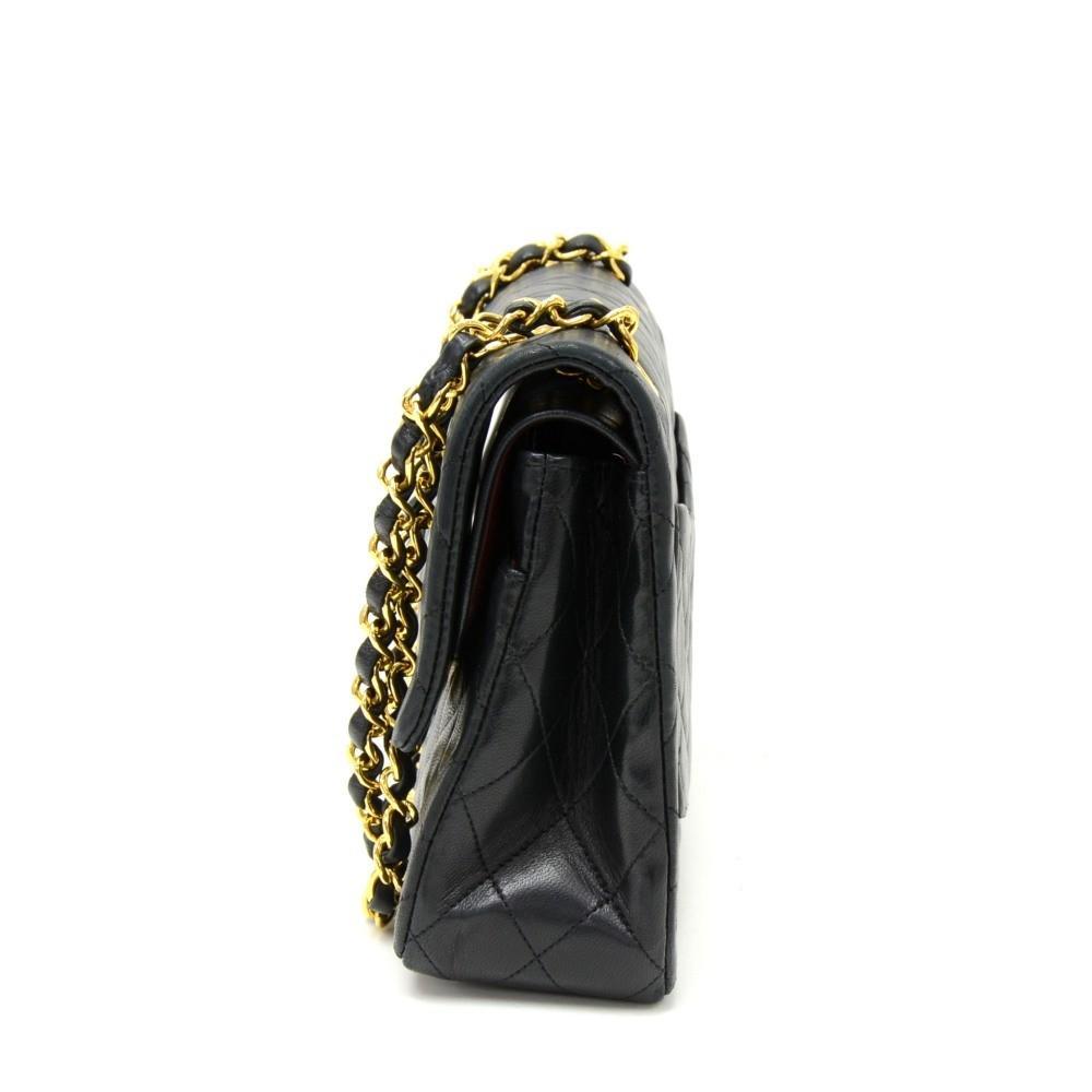 10" Double Flap Quilted Lambskin Leather Shoulder Bag