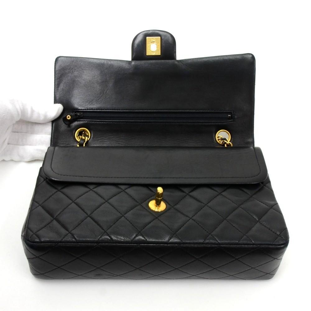 10" Double Flap Quilted Lambskin Leather Shoulder Bag