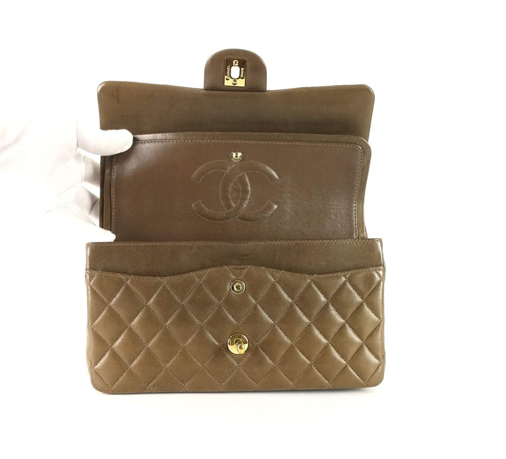 10" Double Flap Lambskin Leather Shoulder Bag