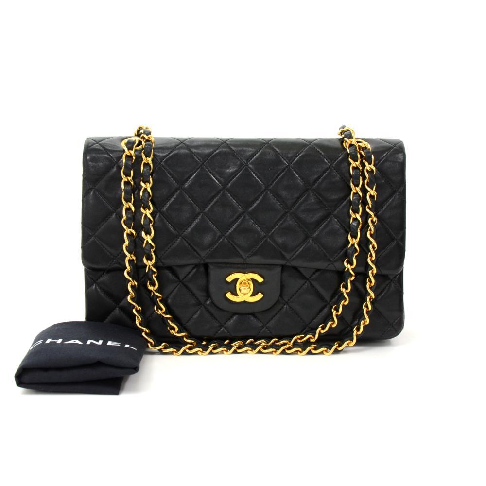 10" Lambskin Leather Double Flap Shoulder Bag